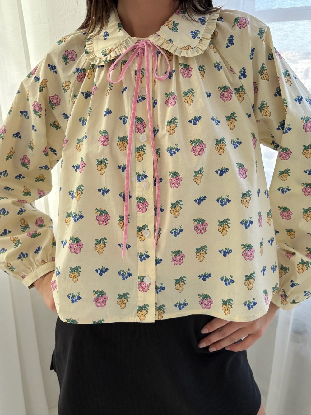 Cream Floral Tie-Collar Blouse with Pink Ribbon